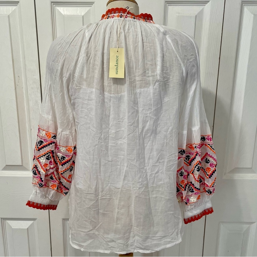New Sundance 100% White Blouse with Red and Pink Embroidery and Balloon Sleeves